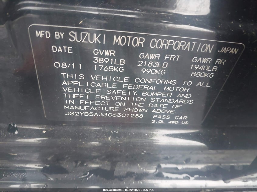 2012 Suzuki Sx4 VIN JS2YB5A33C6301288 IAAI salvage auction — NORMAL WEAR, Clear (Pennsylvania), sold $550 on 2026-10-23 (photo 9)