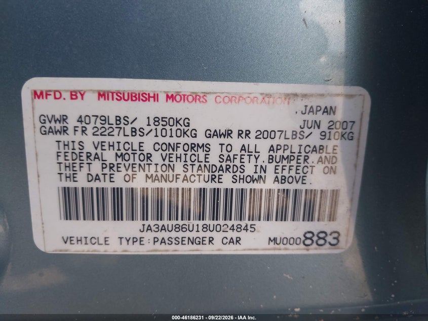 2008 Mitsubishi Lancer VIN JA3AU86U18U024845 IAAI salvage auction — FRONT END, Rebuildable (Florida), sold $700 on 2026-09-28 (photo 9)