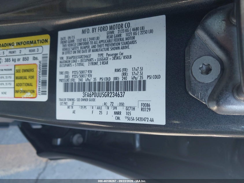 2016 Ford Fusion VIN 3FA6P0UU5GR234637 IAAI salvage auction — NORMAL WEAR, Clear - Dealer Only (California), sold $750 on 2026-10-05 (photo 9)