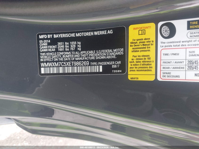 2014 Mini Hard top VIN WMWXM7C5XET986269 IAAI salvage auction — LEFT FRONT, Salvage Title, sold $1,150 on 2026-10-03 (photo 9)