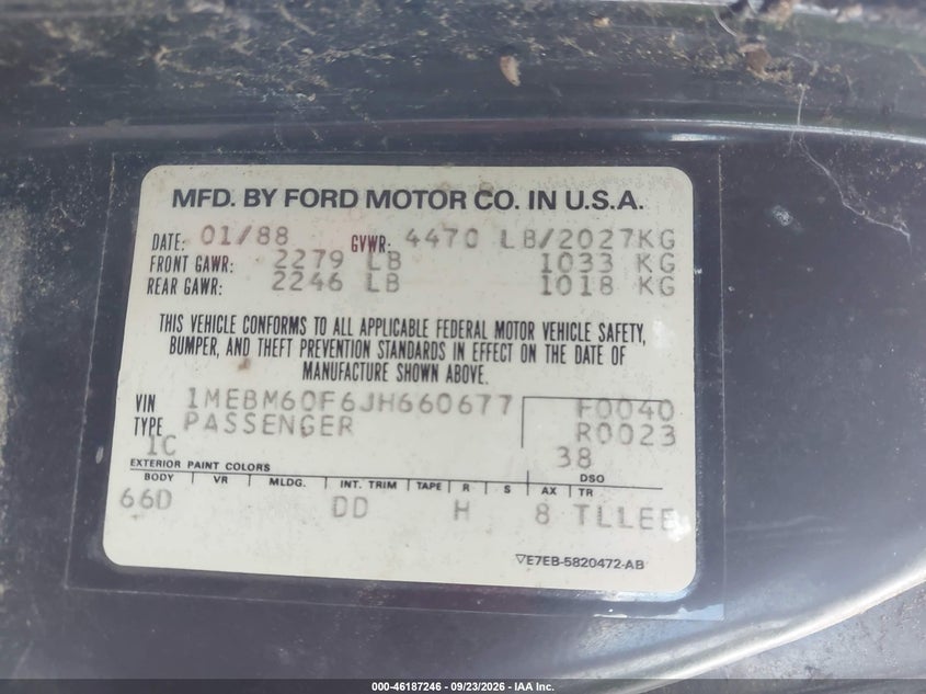 1988 Mercury Cougar VIN 1MEBM60F6JH660677 IAAI salvage auction — BIOHAZARD/CHEMICAL, Clear (Georgia), sold $225 on 2026-10-07 (photo 9)