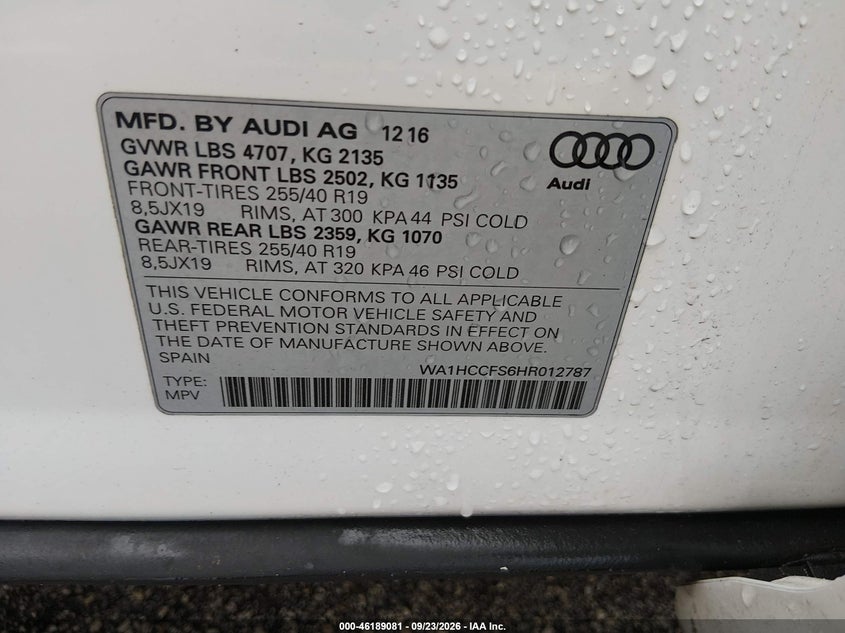 2017 Audi Q3 VIN WA1HCCFS6HR012787 IAAI salvage auction — LEFT FRONT, Wait Title, sold $2,400 on 2026-10-09 (photo 9)