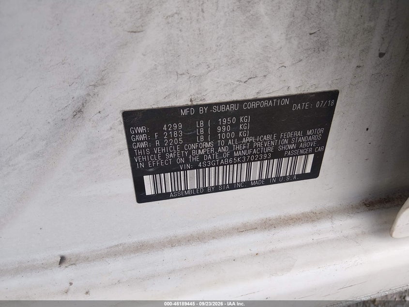 2019 Subaru Impreza VIN 4S3GTAB65K3702393 IAAI salvage auction — NORMAL WEAR, Salvage Title, sold $25 on 2026-10-04 (photo 9)