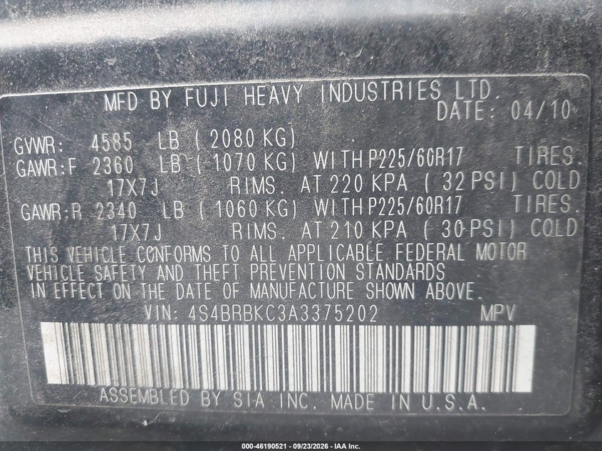 2010 Subaru Outback VIN 4S4BRBKC3A3375202 IAAI salvage auction — NORMAL WEAR, Clear (Maryland), sold $0 on 2026-10-08 (photo 9)