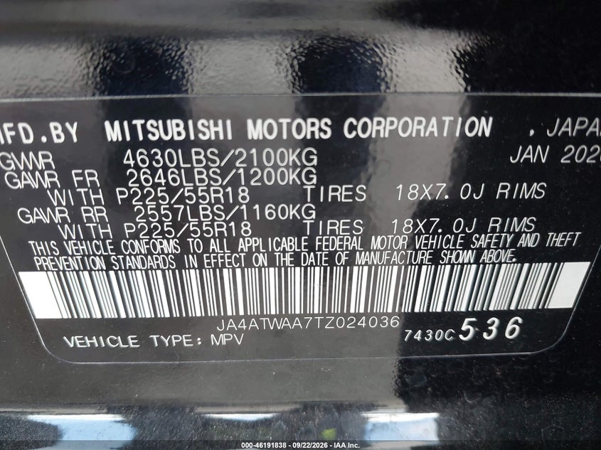 2026 Mitsubishi Eclipse cross VIN JA4ATWAA7TZ024036 IAAI salvage auction — RIGHT REAR, Clear (Arizona), sold $6,200 on 2026-10-14 (photo 9)