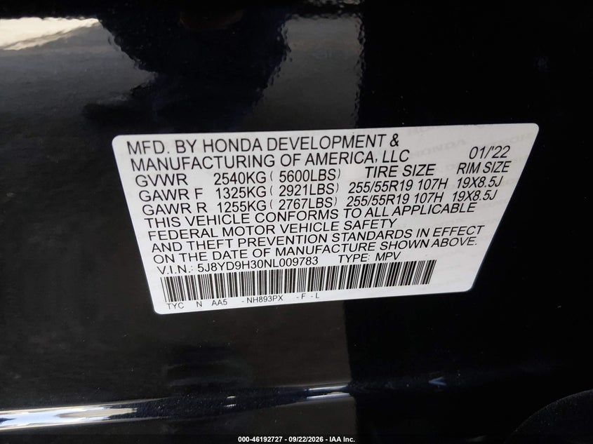 2022 Acura Mdx VIN 5J8YD9H30NL009783 IAAI salvage auction — SIDE, Salvage Title, sold $10,600 on 2026-10-03 (photo 9)
