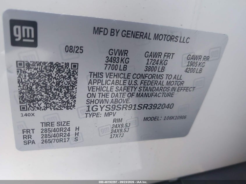 2025 Cadillac Escalade VIN 1GYS9SR91SR392040 IAAI salvage auction — THEFT, Salvage Title, sold $23,550 on 2026-10-14 (photo 9)