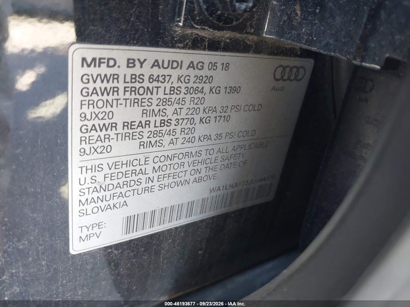 2018 Audi Q7 VIN WA1LHAF72JD044179 IAAI salvage auction — FRONT END, Mv-907A (New York), sold $5,600 on 2026-10-05 (photo 9)