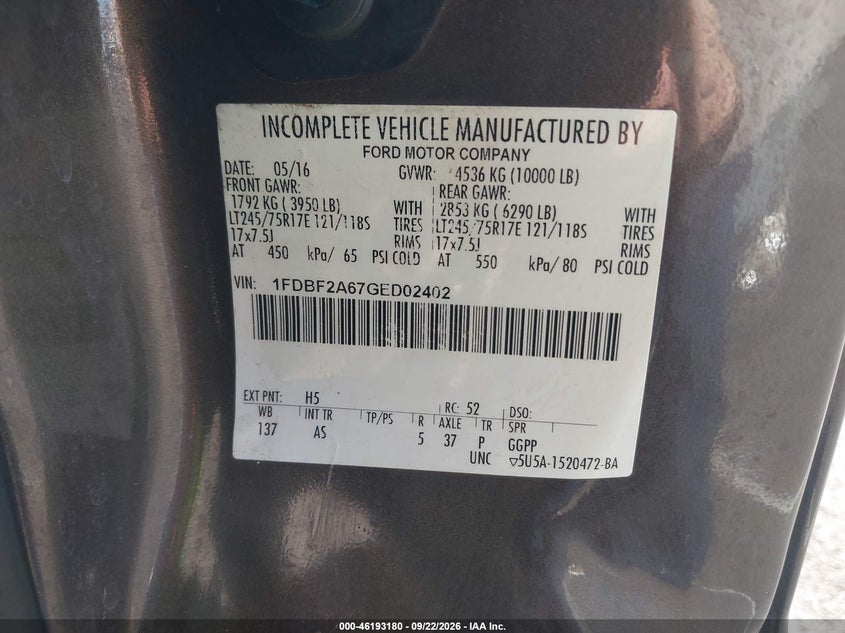 2016 Ford F-550 super duty VIN 1FDBF2A67GED02402 IAAI salvage auction — NORMAL WEAR, Sf97 (Hawaii), sold $21,950 on 2026-10-06 (photo 9)