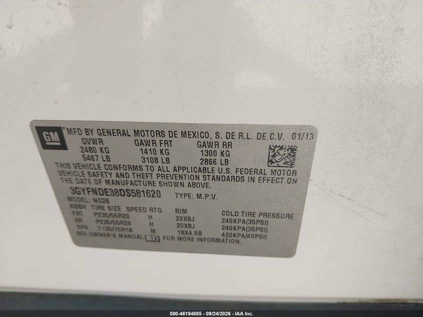 2013 Cadillac Srx VIN 3GYFNDE38DS581620 IAAI salvage auction — REPOSSESSION, Salvage Title, sold $100 on 2026-10-17 (photo 9)