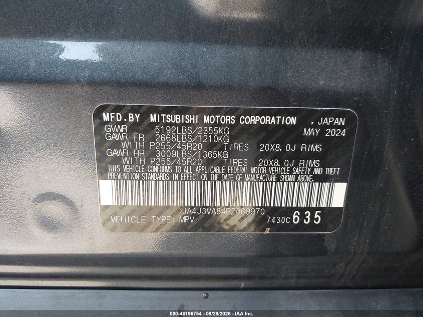 2024 Mitsubishi Outlander VIN JA4J3VA84RZ069970 IAAI salvage auction — FRONT END, Enterprise Vehicles Clear Only (Oklahoma), sold $9,300 on 2026-10-02 (photo 9)