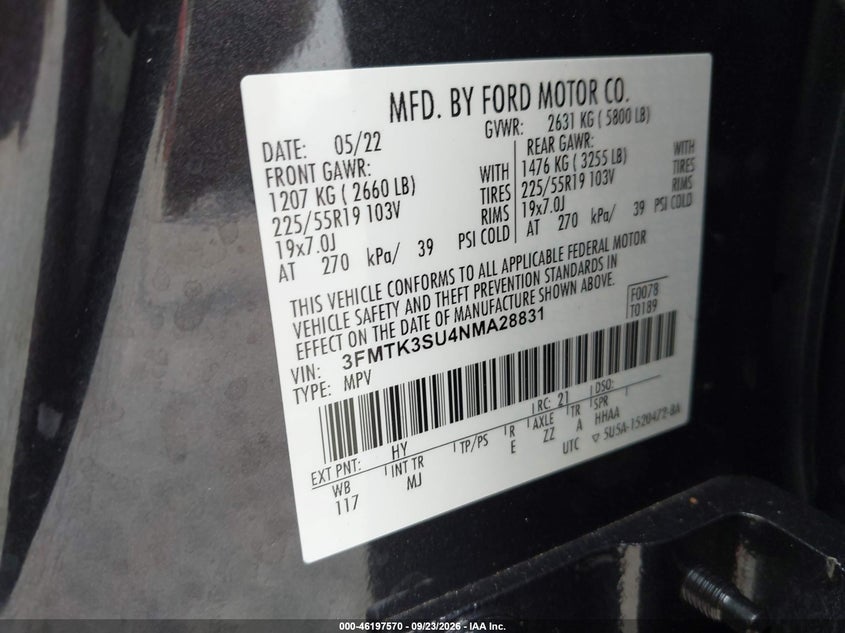 2022 Ford Mustang mach-e VIN 3FMTK3SU4NMA28831 IAAI salvage auction — RIGHT FRONT, Salvage (Alabama), sold $11,100 on 2026-10-20 (photo 9)