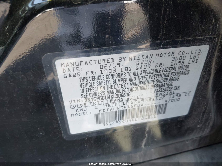 2019 Nissan Kicks VIN 3N1CP5CU4KL506816 IAAI salvage auction — REAR END, Salvage Certificate (California), sold $2,700 on 2026-10-04 (photo 9)