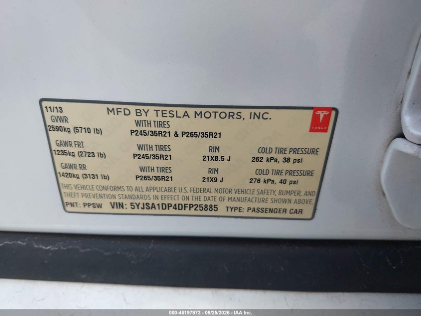 2013 Tesla Model s VIN 5YJSA1DP4DFP25885 IAAI salvage auction — NORMAL WEAR, Wait Title, sold $4,550 on 2026-10-24 (photo 9)