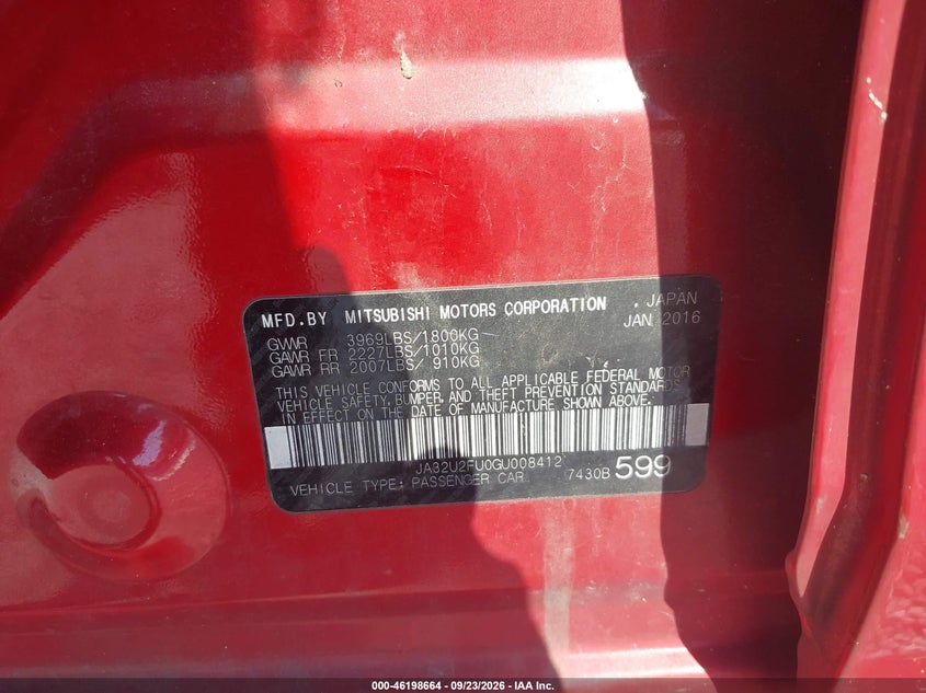 2016 Mitsubishi Lancer VIN JA32U2FU0GU008412 IAAI salvage auction — NORMAL WEAR, Clear (Florida), sold $0 on 2026-10-03 (photo 9)