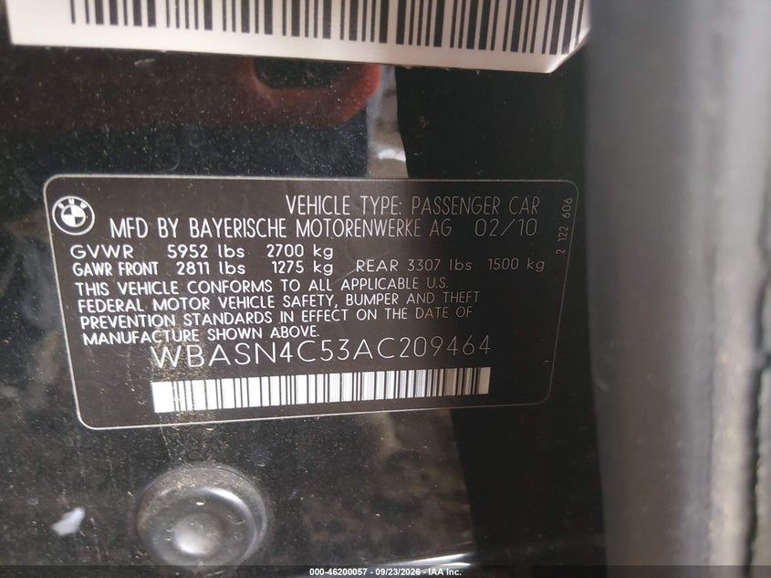 2010 BMW 5 series VIN WBASN4C53AC209464 IAAI salvage auction — NORMAL WEAR, Clear-Dealer Only (Arizona), sold $1,450 on 2026-10-08 (photo 9)