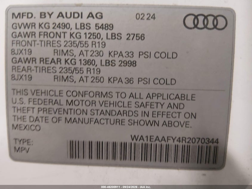 2024 Audi Q5 VIN WA1EAAFY4R2070344 IAAI salvage auction — NORMAL WEAR, Salvage Title, sold $25 on 2026-10-05 (photo 9)