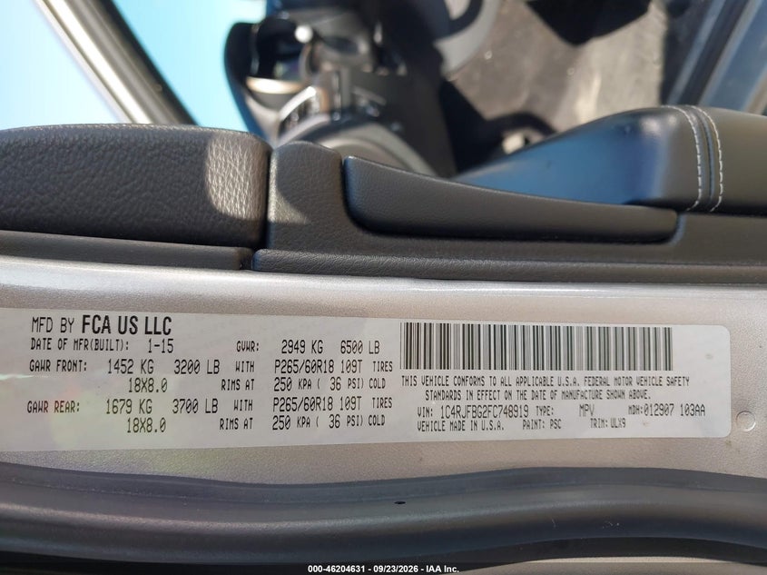 2015 Jeep Grand cherokee VIN 1C4RJFBG2FC748919 IAAI salvage auction — NORMAL WEAR, Clear (Massachusetts), sold $1,600 on 2026-09-29 (photo 9)