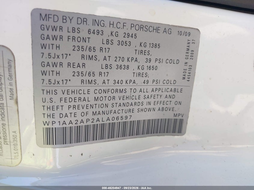 2010 Porsche Cayenne VIN WP1AA2AP2ALA06597 IAAI salvage auction — NORMAL WEAR, Salvage (California), sold $1,150 on 2026-10-14 (photo 9)