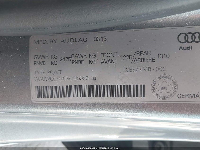 2013 Audi A7 VIN WAUWGCFC4DN125095 IAAI salvage auction — REAR END, Salvage Title, sold $1,250 on 2026-10-28 (photo 9)