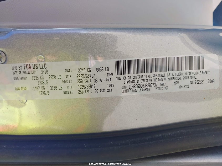 2018 Dodge Caravan VIN 2C4RDGBG0JR288737 IAAI salvage auction — NORMAL WEAR, SF97 (California), sold $12,150 on 2026-10-08 (photo 9)