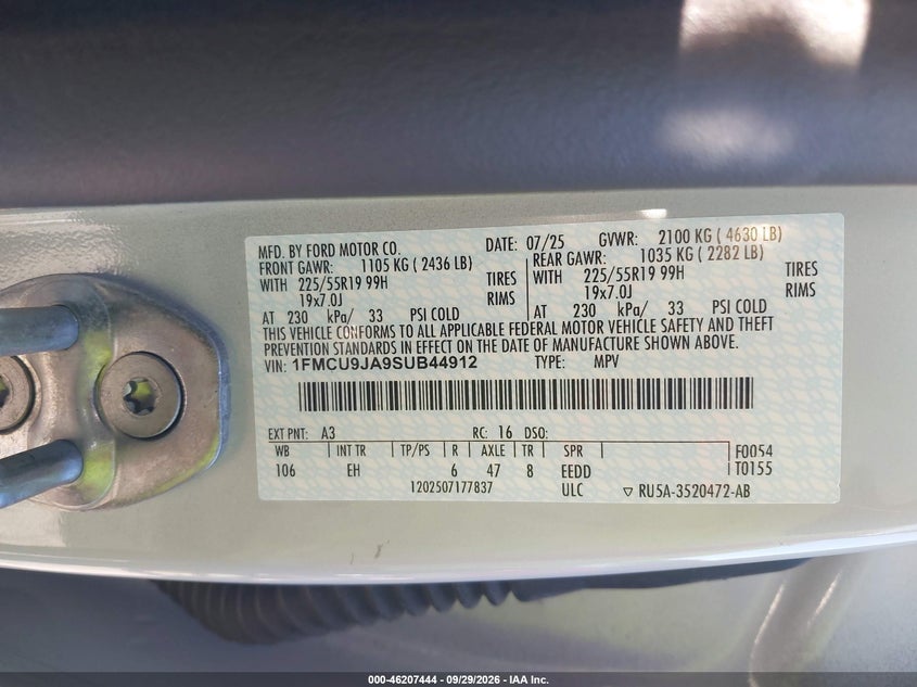 2025 Ford Escape VIN 1FMCU9JA9SUB44912 IAAI salvage auction — NORMAL WEAR, Salvage Title, sold $9,400 on 2026-10-08 (photo 9)