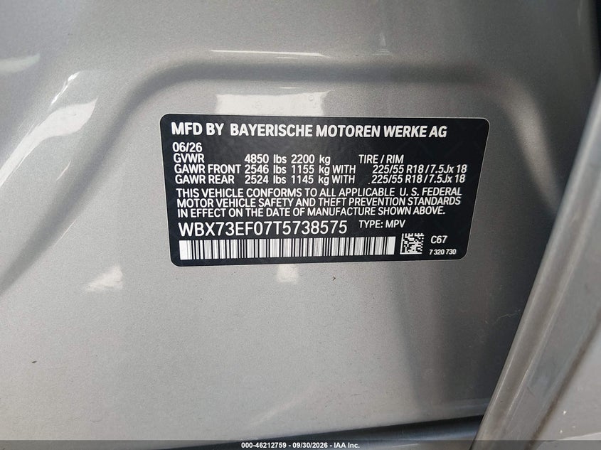 2026 BMW X1 VIN WBX73EF07T5738575 IAAI salvage auction — RIGHT FRONT, Salvage Title, sold $20,000 on 2026-10-09 (photo 9)