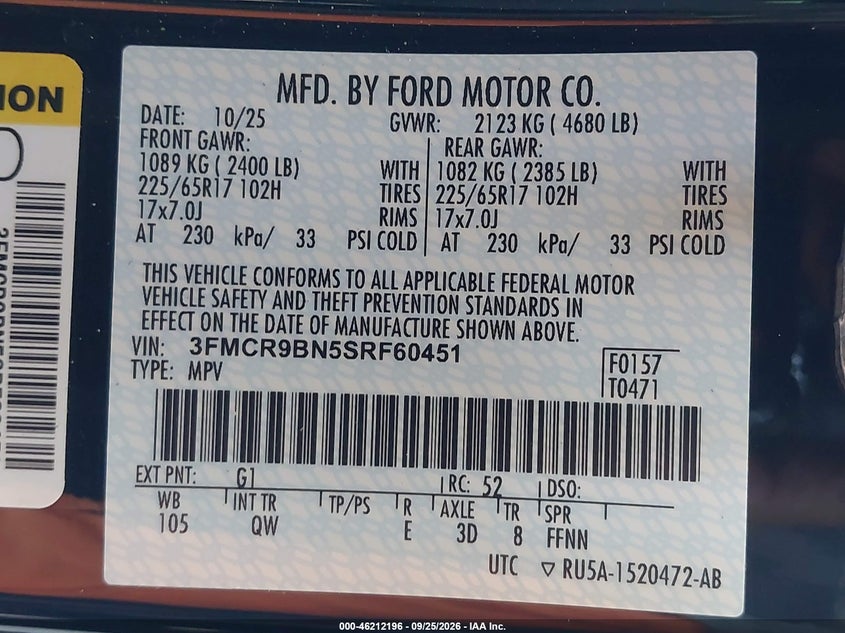 2025 Ford Bronco sport VIN 3FMCR9BN5SRF60451 IAAI salvage auction — REAR END, Salvage (Texas), sold $10,600 on 2026-10-07 (photo 9)