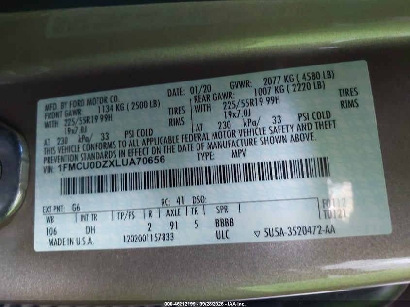 2020 Ford Escape VIN 1FMCU0DZXLUA70656 IAAI salvage auction — SIDE, Salvage Title, sold $7,350 on 2026-10-08 (photo 9)