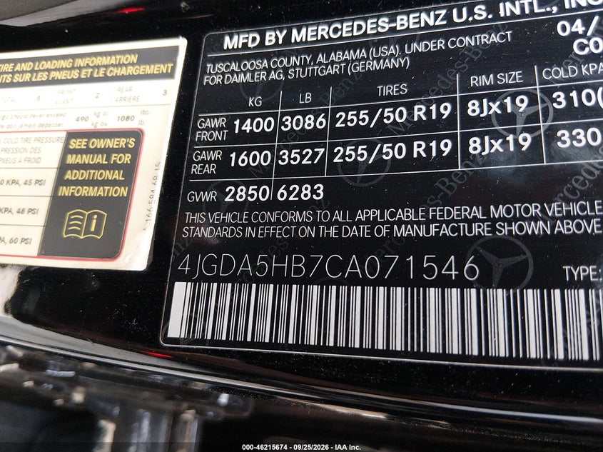 2012 Mercedes-benz Ml-class VIN 4JGDA5HB7CA071546 IAAI salvage auction — NORMAL WEAR, Original (Texas), sold $3,650 on 2026-10-11 (photo 9)
