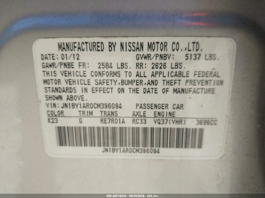2012 Infiniti M VIN JN1BY1AR0CM396094 IAAI salvage auction — NORMAL WEAR, Clear (Maryland), sold $0 on 2026-10-05 (photo 9)