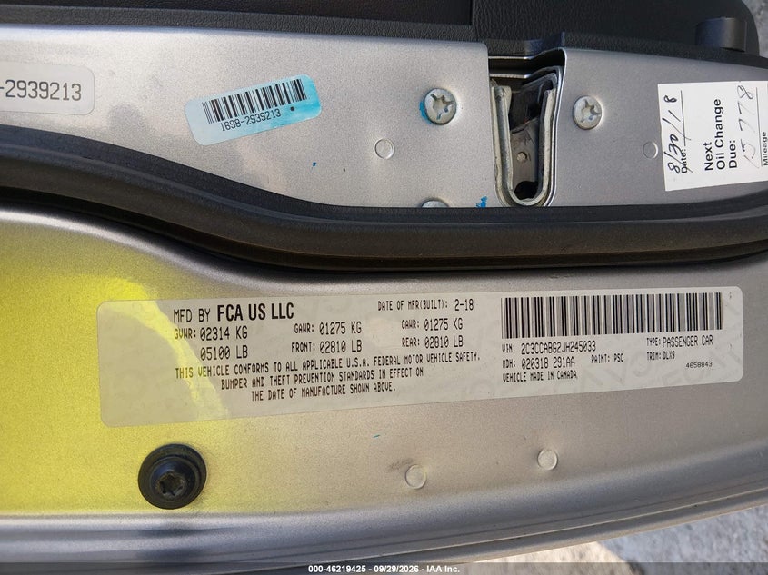 2018 Chrysler 300 VIN 2C3CCABG2JH245033 IAAI salvage auction — FRONT END, Wait Title, sold $400 on 2026-10-24 (photo 9)
