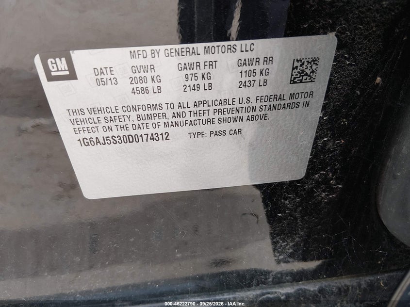 2013 Cadillac Ats VIN 1G6AJ5S30D0174312 IAAI salvage auction — NORMAL WEAR, Original (New Hampshire), sold $700 on 2026-10-08 (photo 9)