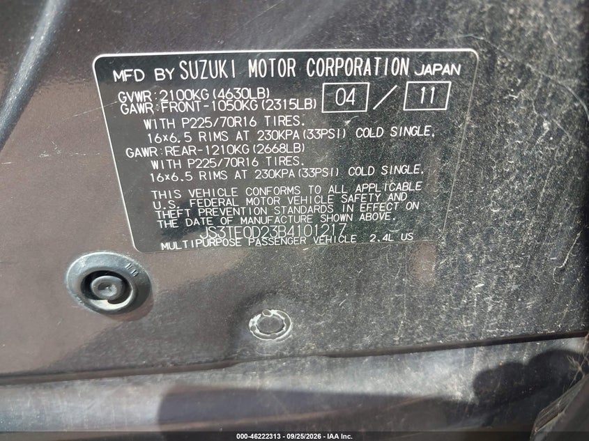 2011 Suzuki Grand Vitara VIN JS3TE0D23B4101217 IAAI salvage auction — NORMAL WEAR, Original (Texas), sold $500 on 2026-10-05 (photo 9)