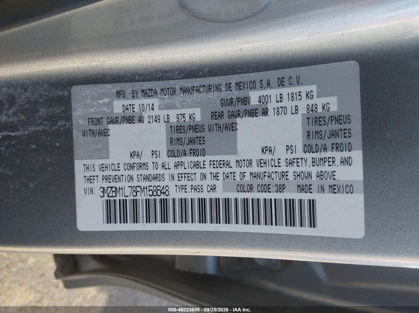 2015 Mazda 3 VIN 3MZBM1L78FM158648 IAAI salvage auction — FRONT & REAR, Wait Title, sold $1,600 on 2026-10-09 (photo 9)