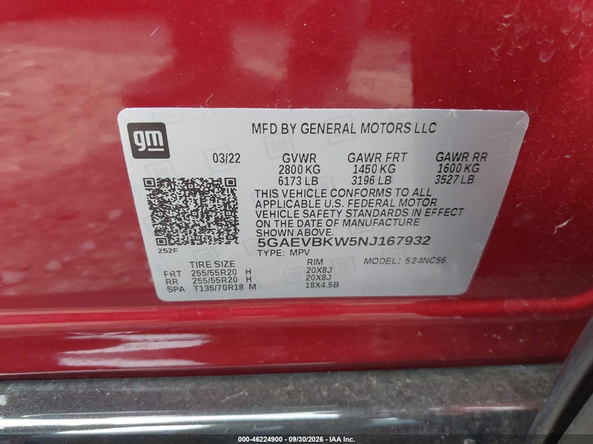2022 Buick Enclave VIN 5GAEVBKW5NJ167932 IAAI salvage auction — SIDE, Salvage Title, sold $0 on 2026-10-21 (photo 9)