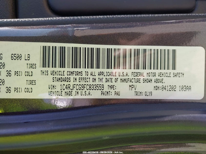 2015 Jeep Grand cherokee VIN 1C4RJFCG9FC833559 IAAI salvage auction — FRONT END, Salvage (California), sold $3,550 on 2026-10-04 (photo 9)