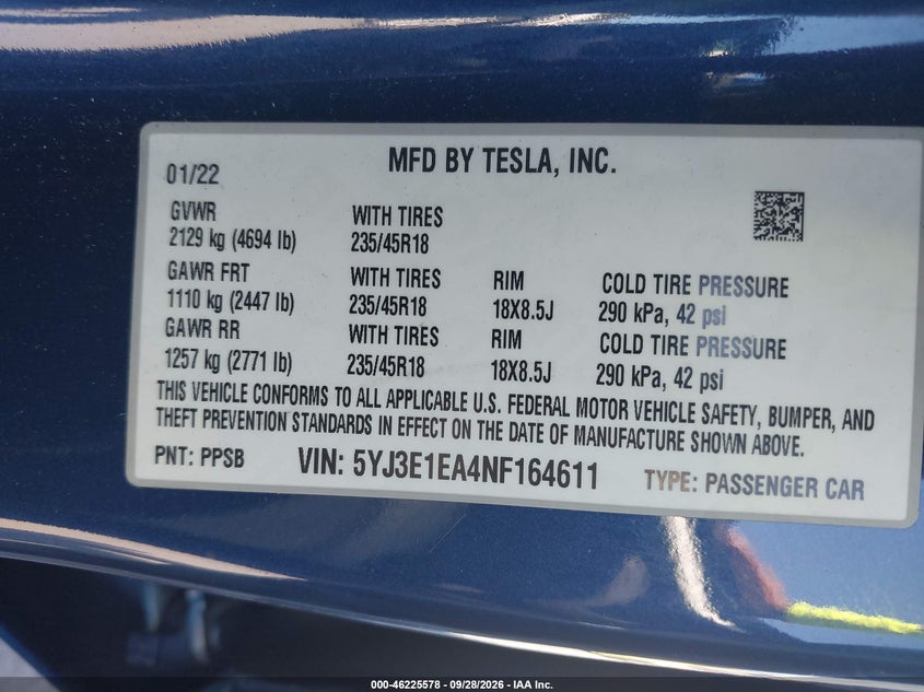 2022 Tesla Model 3 VIN 5YJ3E1EA4NF164611 IAAI salvage auction — REAR END, Salvage Title, sold $5,400 on 2026-10-16 (photo 9)
