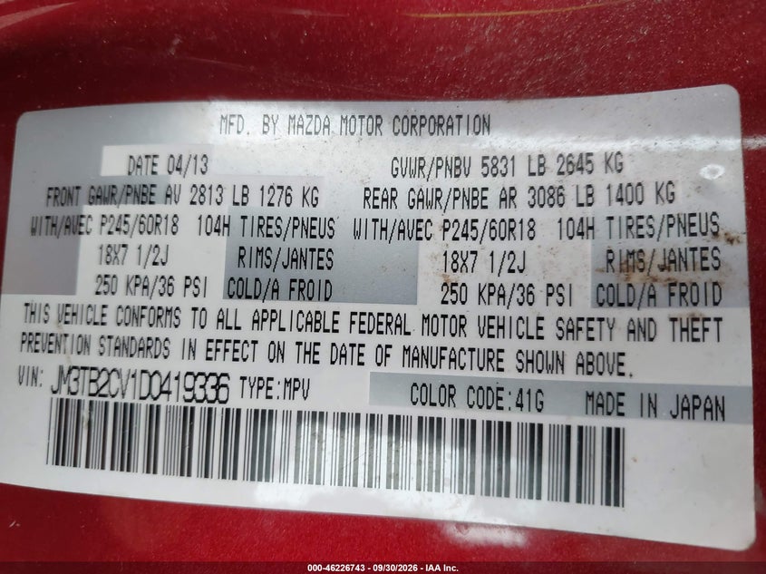 2013 Mazda CX-9 VIN JM3TB2CV1D0419336 IAAI salvage auction — Normal Wear & Tear, Clear, sold $750 on 2026-10-16 (photo 9)