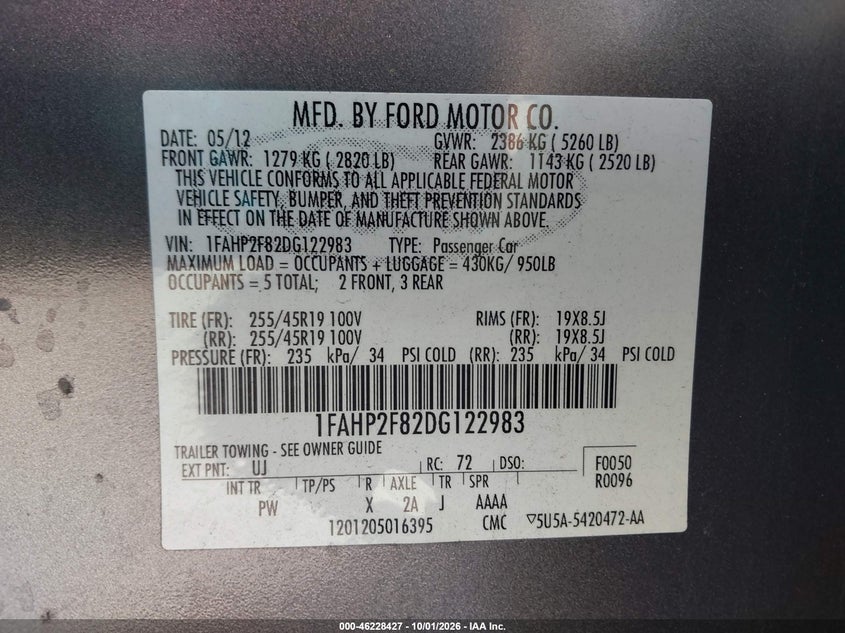 2013 Ford Taurus VIN 1FAHP2F82DG122983 IAAI salvage auction — Rear, Salvage, sold $1,900 on 2026-10-19 (photo 9)