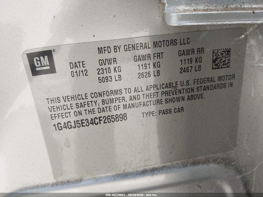 2012 Buick Lacrosse VIN 1G4GJ5E34CF265898 IAAI salvage auction — SIDE, Salvage Title, sold $1,350 on 2026-10-08 (photo 9)