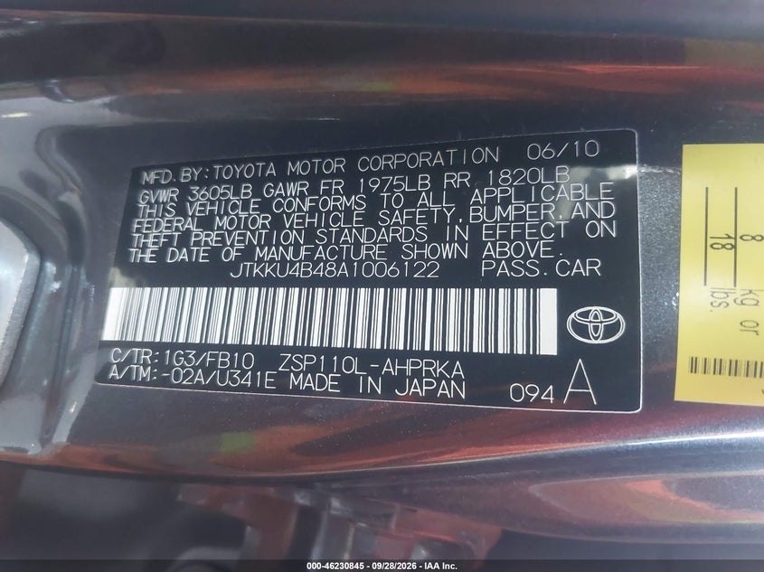 2010 Scion Xd VIN JTKKU4B48A1006122 IAAI salvage auction — NORMAL WEAR, Clear - Dealer Only (California), sold $0 on 2026-10-08 (photo 9)