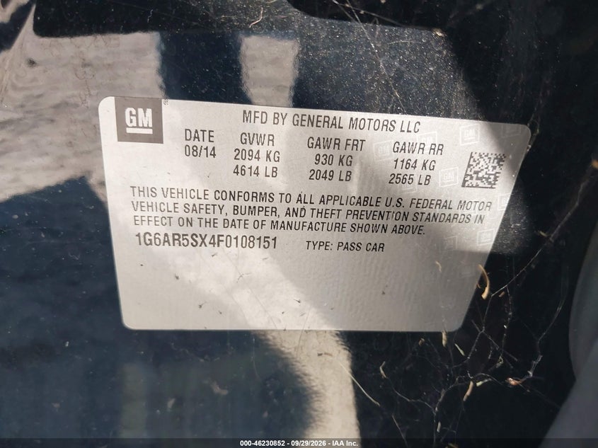 2015 Cadillac CTS VIN 1G6AR5SX4F0108151 IAAI salvage auction — Normal Wear & Tear, Clear, sold $1,000 on 2026-10-15 (photo 9)