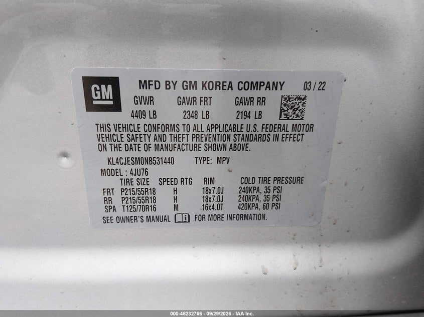 2022 Buick Encore VIN KL4CJESM0NB531440 IAAI salvage auction — SIDE, Wait Title, sold $3,600 on 2026-10-10 (photo 9)