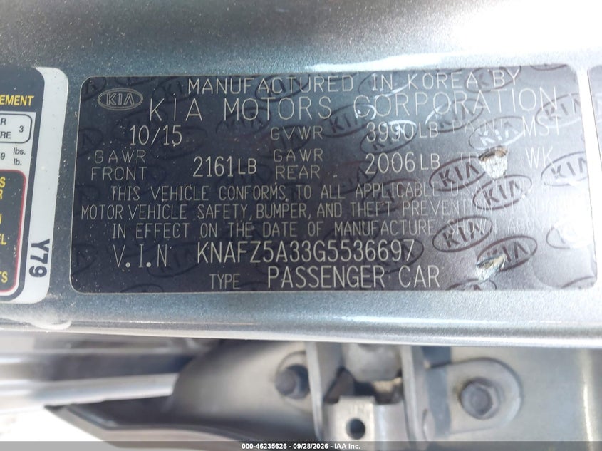2016 Kia Forte VIN KNAFZ5A33G5536697 IAAI salvage auction — NORMAL WEAR, Clear (Florida), sold $0 on 2026-10-12 (photo 9)