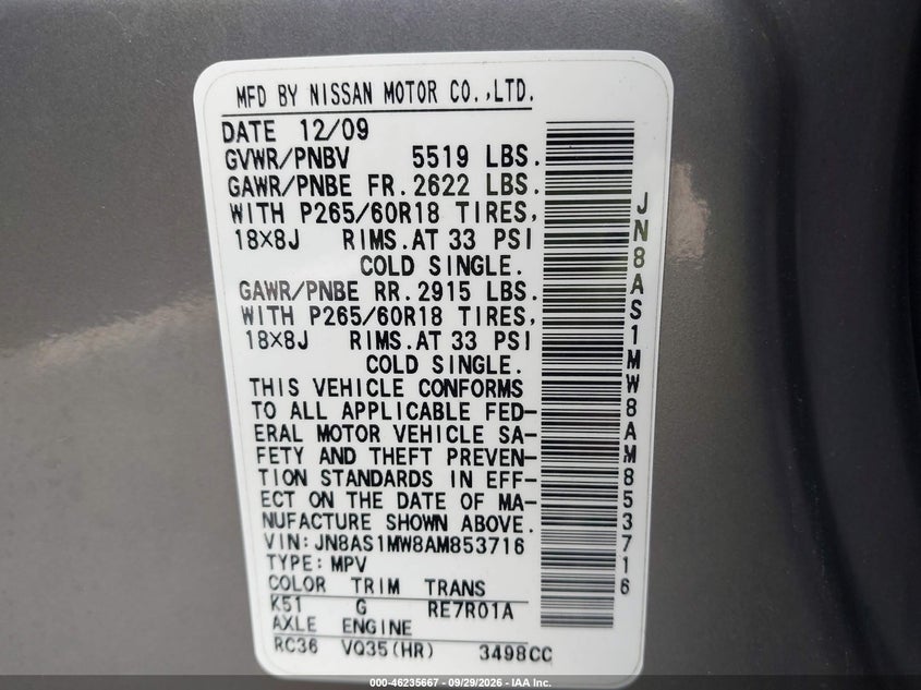 2010 Infiniti Fx VIN JN8AS1MW8AM853716 IAAI salvage auction — NORMAL WEAR, Clear (Michigan), sold $925 on 2026-10-05 (photo 9)