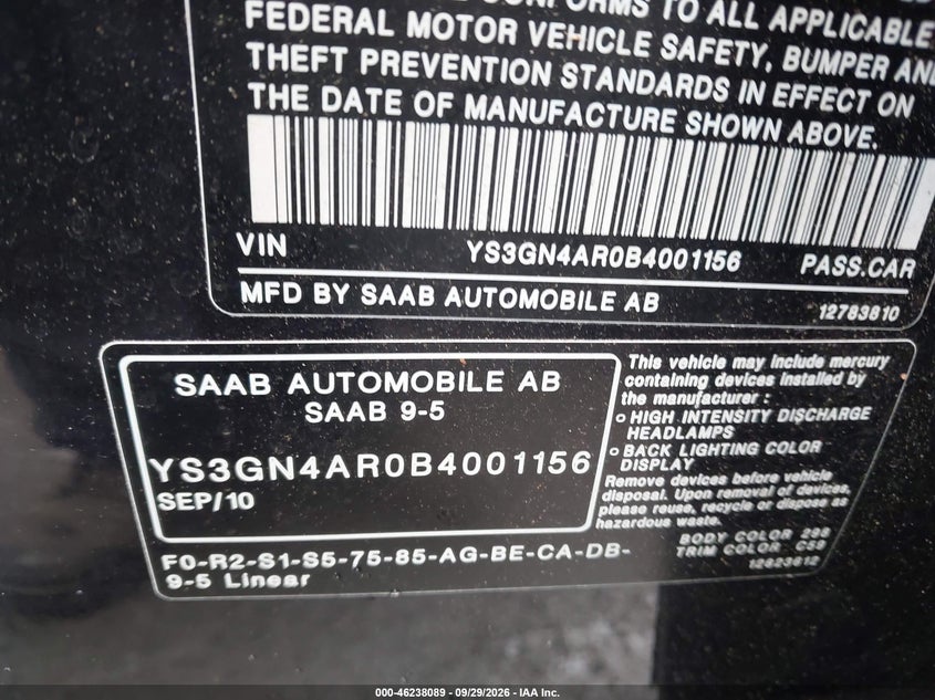 2011 Saab 9-5 VIN YS3GN4AR0B4001156 IAAI salvage auction — NORMAL WEAR, Clear-Dealer Only (North Carolina), sold $225 on 2026-10-01 (photo 9)