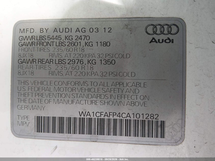 2012 Audi Q5 VIN WA1CFAFP4CA101282 IAAI salvage auction — NORMAL WEAR, Clear (Nevada), sold $600 on 2026-10-02 (photo 9)