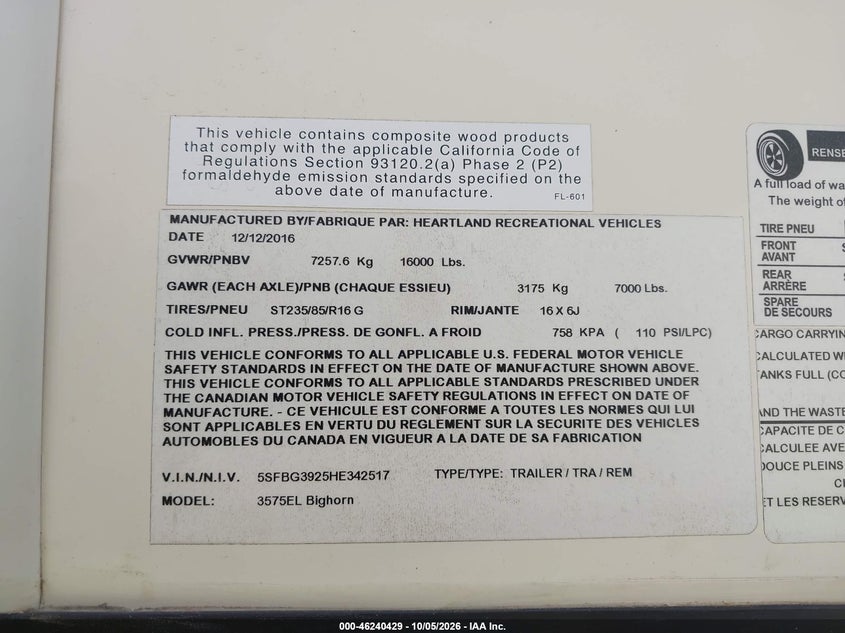 2017 Heartland rv Bighorn VIN 5SFBG3925HE342517 IAAI salvage auction — ROOF, Salvage - Greater Than 75% (Maryland), sold $3,950 on 2026-10-23 (photo 9)
