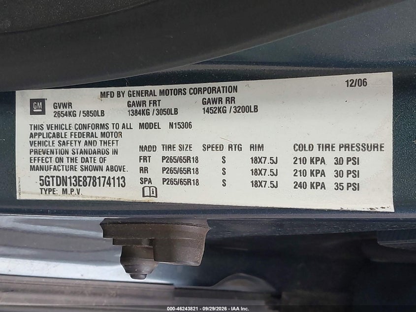 2007 Hummer H3 VIN 5GTDN13E878174113 IAAI salvage auction — NORMAL WEAR, Clear (New Jersey), sold $625 on 2026-10-05 (photo 9)